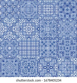 Ethnic ceramic tile in portuguese azulejo. Vector seamless pattern watercolor. Colored design. vintage ornament for surface texture, towels, pillows, wallpaper, print, web background.