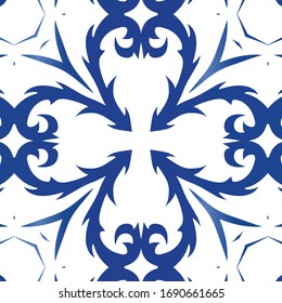 Ethnic ceramic tile in portuguese azulejo. Vector seamless pattern theme. Kitchen design. Blue vintage ornament for surface texture, towels, pillows, wallpaper, print, web background.