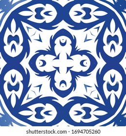 Ethnic ceramic tile in portuguese azulejo. Vector seamless pattern trellis. Graphic design. Blue vintage ornament for surface texture, towels, pillows, wallpaper, print, web background.