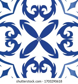 Ethnic ceramic tile in portuguese azulejo. Vector seamless pattern flyer. Bathroom design. Blue vintage ornament for surface texture, towels, pillows, wallpaper, print, web background.