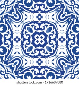 Ethnic ceramic tile in portuguese azulejo. Vector seamless pattern frame. Fashionable design. Blue vintage ornament for surface texture, towels, pillows, wallpaper, print, web background.