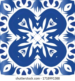 Ethnic ceramic tile in portuguese azulejo. Modern design. Vector seamless pattern arabesque. Blue vintage ornament for surface texture, towels, pillows, wallpaper, print, web background.