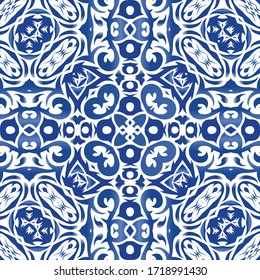 Ethnic ceramic tile in portuguese azulejo. Creative design. Vector seamless pattern concept. Blue vintage ornament for surface texture, towels, pillows, wallpaper, print, web background.