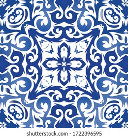 Ethnic ceramic tile in portuguese azulejo. Vector seamless pattern poster. Graphic design. Blue vintage ornament for surface texture, towels, pillows, wallpaper, print, web background.