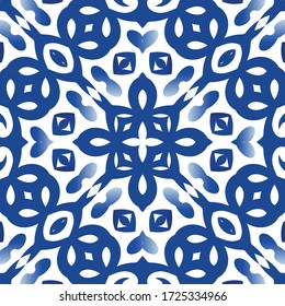 Ethnic ceramic tile in portuguese azulejo. Colored design. Vector seamless pattern template. Blue vintage ornament for surface texture, towels, pillows, wallpaper, print, web background.