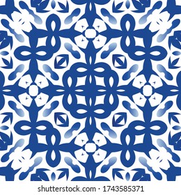 Ethnic ceramic tile in portuguese azulejo. Vector seamless pattern theme. Fashionable design. Blue vintage ornament for surface texture, towels, pillows, wallpaper, print, web background.