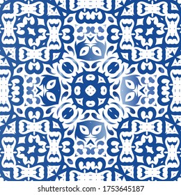 Ethnic ceramic tile in portuguese azulejo. Modern design. Vector seamless pattern collage. Blue vintage ornament for surface texture, towels, pillows, wallpaper, print, web background.