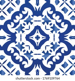 Ethnic ceramic tile in portuguese azulejo. Vector seamless pattern flyer. Stylish design. Blue vintage ornament for surface texture, towels, pillows, wallpaper, print, web background.