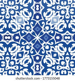 Ethnic ceramic tile in portuguese azulejo. Vector seamless pattern elements. Modern design. Blue vintage ornament for surface texture, towels, pillows, wallpaper, print, web background.