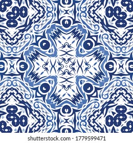 Ethnic ceramic tile in portuguese azulejo. Stylish design. Vector seamless pattern frame. Blue vintage ornament for surface texture, towels, pillows, wallpaper, print, web background.