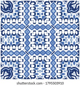 Ethnic ceramic tile in portuguese azulejo. Vector seamless pattern flyer. Modern design. Blue vintage ornament for surface texture, towels, pillows, wallpaper, print, web background.