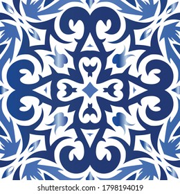 Ethnic ceramic tile in portuguese azulejo. Colored design. Vector seamless pattern texture. Blue vintage ornament for surface texture, towels, pillows, wallpaper, print, web background.
