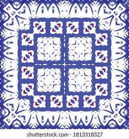 Ethnic ceramic tile in portuguese azulejo. Vector seamless pattern collage. Modern design. Blue vintage ornament for surface texture, towels, pillows, wallpaper, print, web background.