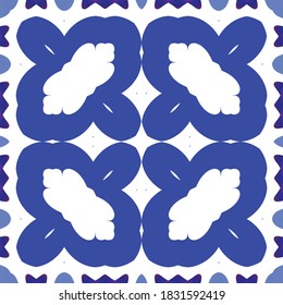 Ethnic ceramic tile in portuguese azulejo. Kitchen design. Vector seamless pattern flyer. Blue vintage ornament for surface texture, towels, pillows, wallpaper, print, web background.