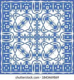 Ethnic ceramic tile in portuguese azulejo. Universal design. Vector seamless pattern collage. Blue vintage ornament for surface texture, towels, pillows, wallpaper, print, web background.