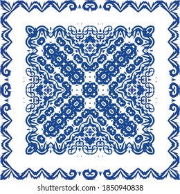 Ethnic ceramic tile in portuguese azulejo. Vector seamless pattern arabesque. Minimal design. Blue vintage ornament for surface texture, towels, pillows, wallpaper, print, web background.