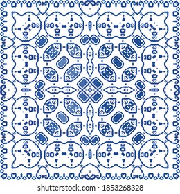 Ethnic ceramic tile in portuguese azulejo. Minimal design. Vector seamless pattern theme. Blue vintage ornament for surface texture, towels, pillows, wallpaper, print, web background.