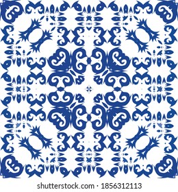 Ethnic ceramic tile in portuguese azulejo. Original design. Vector seamless pattern elements. Blue vintage ornament for surface texture, towels, pillows, wallpaper, print, web background.