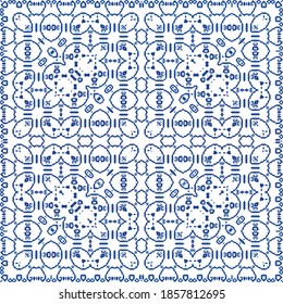 Ethnic ceramic tile in portuguese azulejo. Minimal design. Vector seamless pattern theme. Blue vintage ornament for surface texture, towels, pillows, wallpaper, print, web background.