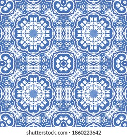 Ethnic ceramic tile in portuguese azulejo. Universal design. Vector seamless pattern collage. Blue vintage ornament for surface texture, towels, pillows, wallpaper, print, web background.
