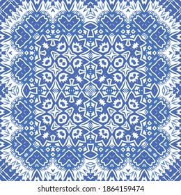 Ethnic ceramic tile in portuguese azulejo. Universal design. Vector seamless pattern collage. Blue vintage ornament for surface texture, towels, pillows, wallpaper, print, web background.