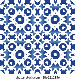 Ethnic ceramic tile in portuguese azulejo. Vector seamless pattern arabesque. Bathroom design. Blue vintage ornament for surface texture, towels, pillows, wallpaper, print, web background.