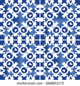 Ethnic ceramic tile in portuguese azulejo. Vector seamless pattern arabesque. Bathroom design. Blue vintage ornament for surface texture, towels, pillows, wallpaper, print, web background.