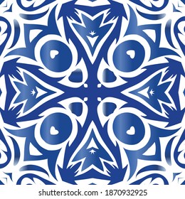 Ethnic ceramic tile in portuguese azulejo. Vector seamless pattern texture. Kitchen design. Blue vintage ornament for surface texture, towels, pillows, wallpaper, print, web background.