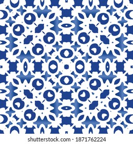 Ethnic ceramic tile in portuguese azulejo. Vector seamless pattern arabesque. Bathroom design. Blue vintage ornament for surface texture, towels, pillows, wallpaper, print, web background.