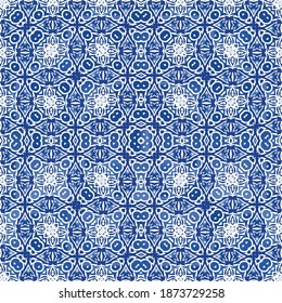 Ethnic ceramic tile in portuguese azulejo. Vector seamless pattern texture. Kitchen design. Blue vintage ornament for surface texture, towels, pillows, wallpaper, print, web background.