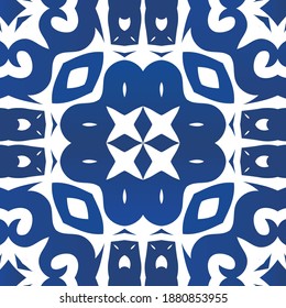 Ethnic ceramic tile in portuguese azulejo. Geometric design. Vector seamless pattern illustration. Blue vintage ornament for surface texture, towels, pillows, wallpaper, print, web background.