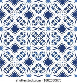 Ethnic ceramic tile in portuguese azulejo. Kitchen design. Vector seamless pattern poster. Blue vintage ornament for surface texture, towels, pillows, wallpaper, print, web background.