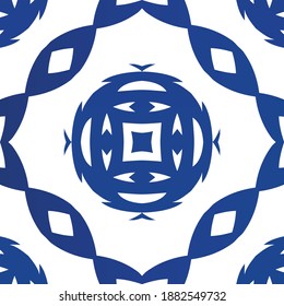 Ethnic ceramic tile in portuguese azulejo. Minimal design. Vector seamless pattern trellis. Blue vintage ornament for surface texture, towels, pillows, wallpaper, print, web background.