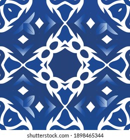 Ethnic ceramic tile in portuguese azulejo. Vector seamless pattern frame. Colored design. Blue vintage ornament for surface texture, towels, pillows, wallpaper, print, web background.