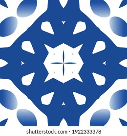 Ethnic ceramic tile in portuguese azulejo. Kitchen design. Vector seamless pattern poster. Blue vintage ornament for surface texture, towels, pillows, wallpaper, print, web background.