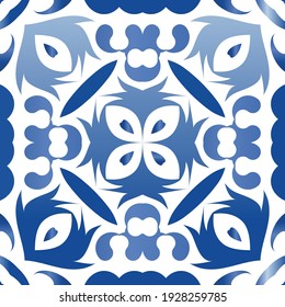 Ethnic ceramic tile in portuguese azulejo. Vector seamless pattern flyer. Hand drawn design. Blue vintage ornament for surface texture, towels, pillows, wallpaper, print, web background.