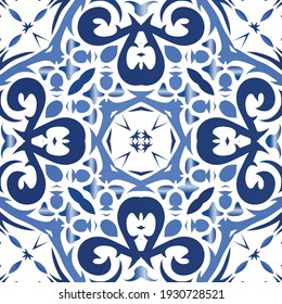Ethnic ceramic tile in portuguese azulejo. Vector seamless pattern arabesque. Original design. Blue vintage ornament for surface texture, towels, pillows, wallpaper, print, web background.