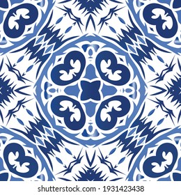 Ethnic ceramic tile in portuguese azulejo. Vector seamless pattern trellis. Universal design. Blue vintage ornament for surface texture, towels, pillows, wallpaper, print, web background.