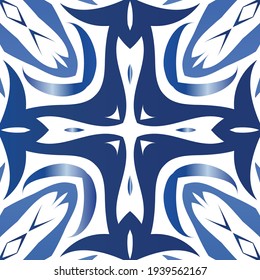 Ethnic ceramic tile in portuguese azulejo. Graphic design. Vector seamless pattern arabesque. Blue vintage ornament for surface texture, towels, pillows, wallpaper, print, web background.