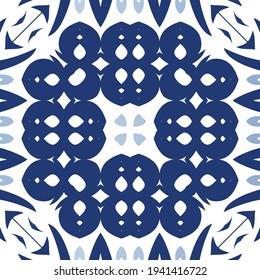Ethnic ceramic tile in portuguese azulejo. Vector seamless pattern frame. Original design. Blue vintage ornament for surface texture, towels, pillows, wallpaper, print, web background.