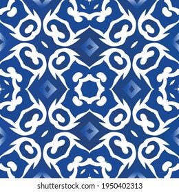 Ethnic ceramic tile in portuguese azulejo. Vector seamless pattern trellis. Hand drawn design. Blue vintage ornament for surface texture, towels, pillows, wallpaper, print, web background.