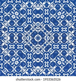 Ethnic ceramic tile in portuguese azulejo. Vector seamless pattern trellis. Hand drawn design. Blue vintage ornament for surface texture, towels, pillows, wallpaper, print, web background.