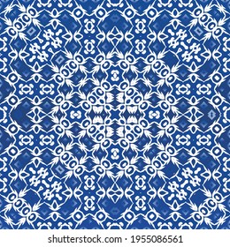 Ethnic ceramic tile in portuguese azulejo. Vector seamless pattern trellis. Hand drawn design. Blue vintage ornament for surface texture, towels, pillows, wallpaper, print, web background.