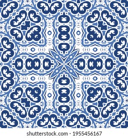 Ethnic ceramic tile in portuguese azulejo. Vector seamless pattern trellis. Universal design. Blue vintage ornament for surface texture, towels, pillows, wallpaper, print, web background.