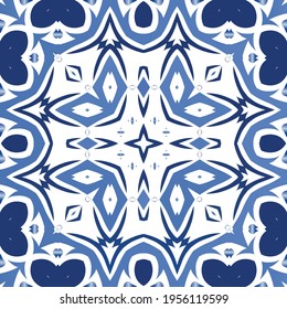 Ethnic ceramic tile in portuguese azulejo. Vector seamless pattern illustration. Original design. Blue vintage ornament for surface texture, towels, pillows, wallpaper, print, web background.