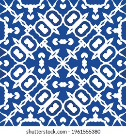 Ethnic ceramic tile in portuguese azulejo. Vector seamless pattern trellis. Hand drawn design. Blue vintage ornament for surface texture, towels, pillows, wallpaper, print, web background.