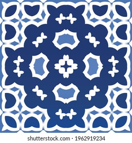 Ethnic ceramic tile in portuguese azulejo. Kitchen design. Vector seamless pattern illustration. Blue vintage ornament for surface texture, towels, pillows, wallpaper, print, web background.