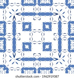 Ethnic ceramic tile in portuguese azulejo. Vector seamless pattern elements. Modern design. Blue vintage ornament for surface texture, towels, pillows, wallpaper, print, web background.