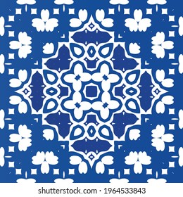 Ethnic ceramic tile in portuguese azulejo. Fashionable design. Vector seamless pattern frame. Blue vintage ornament for surface texture, towels, pillows, wallpaper, print, web background.