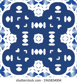 Ethnic ceramic tile in portuguese azulejo. Vector seamless pattern trellis. Universal design. Blue vintage ornament for surface texture, towels, pillows, wallpaper, print, web background.